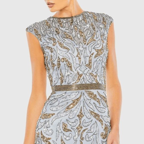 NWT Mac Duggal 5532 Embellished Illusion Cap Sleeve Column Gown - Picture 3 of 13